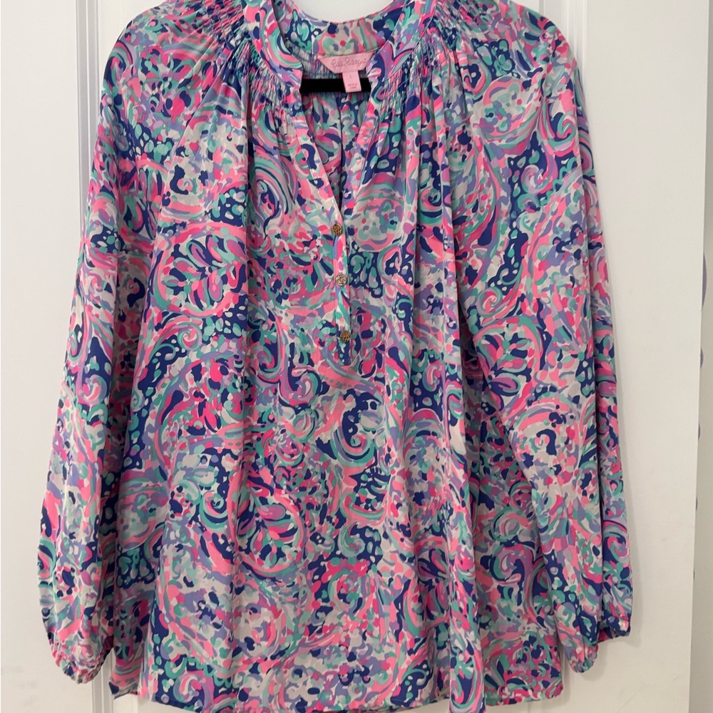 Lilly Pulitzer Pink and Blue Relaxed Blouse with Mandarin Collar